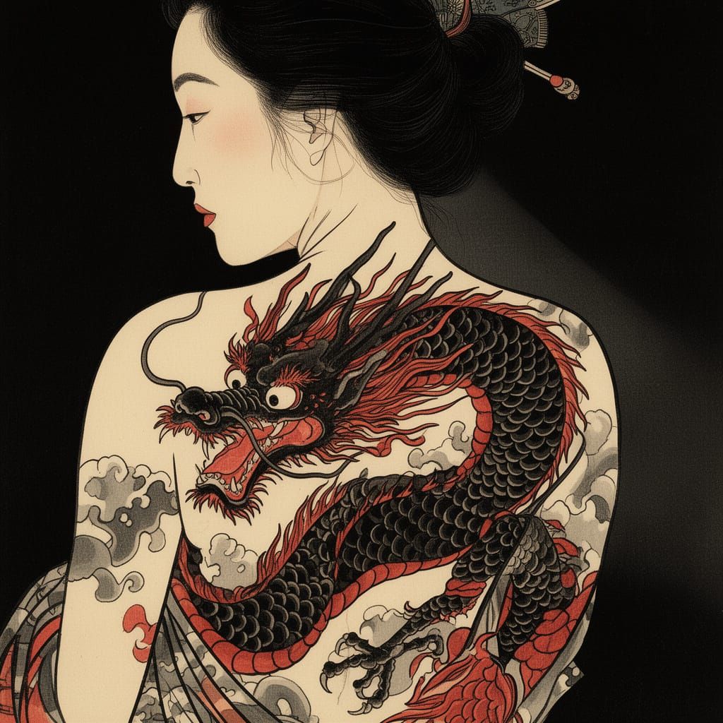 Ukiyo-e Tattooed Woman with Black Dragon