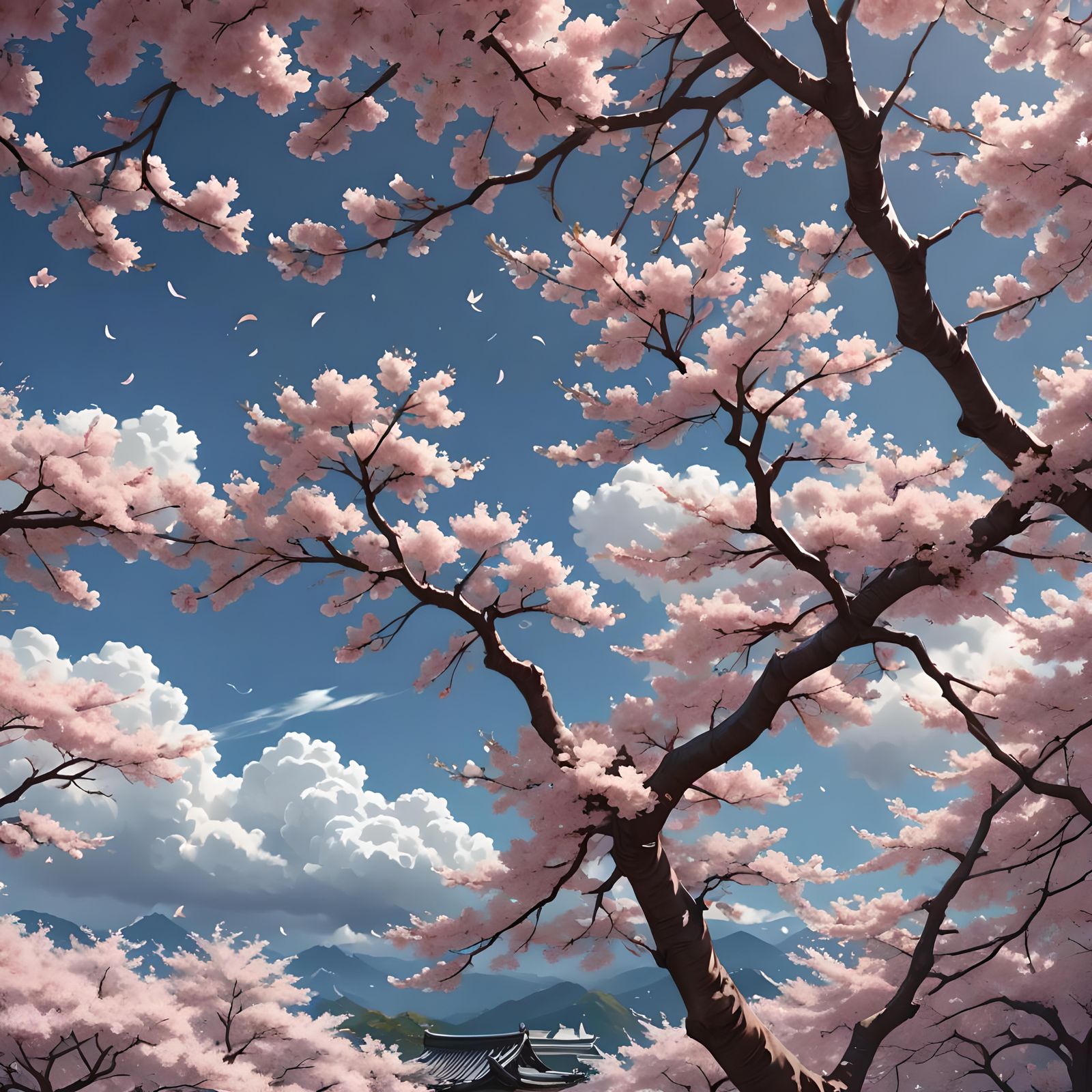 Sakura Blossoms and Clouds in 3D Anime Art