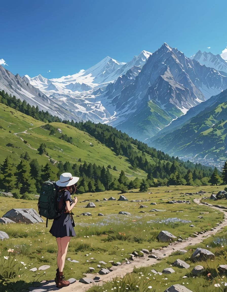 Anime Girl Views Mountain Masterpiece in Cel-Shaded Style