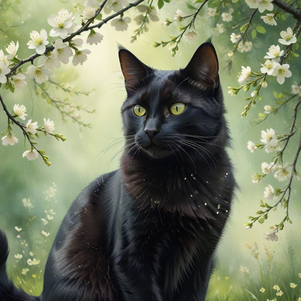 Serene Watercolor Cat Crowned in Cherry Blossoms