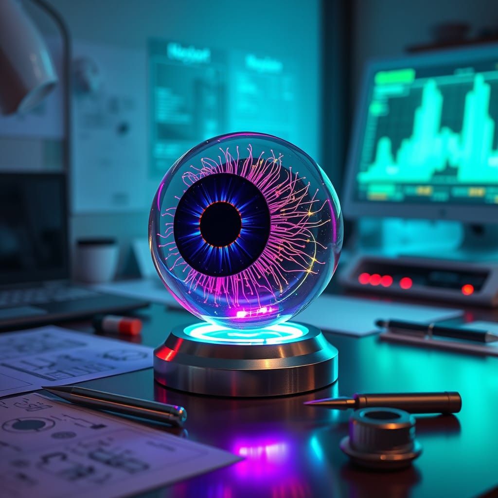 Futuristic Neon Prosthetic Eye on Metal Desk