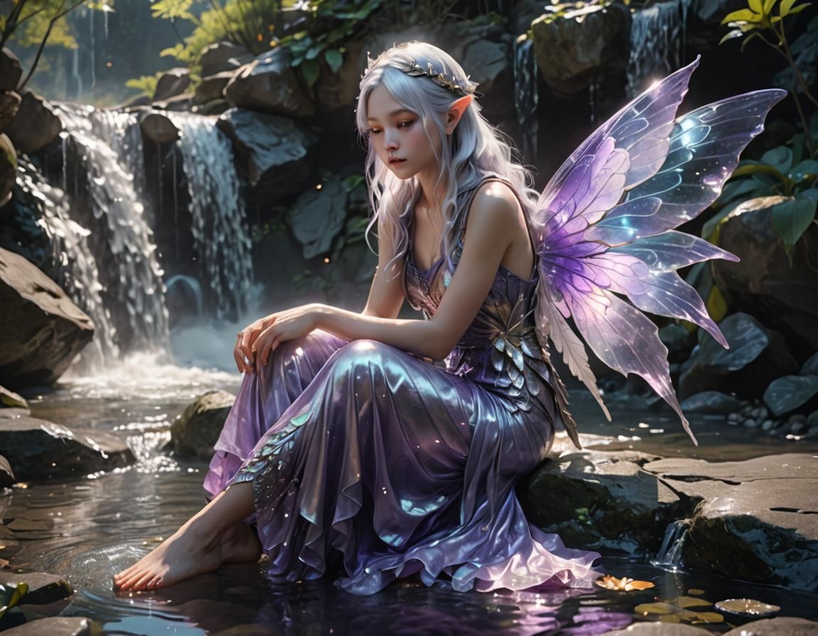 Luminescent Fairy by Waterfall in Magical Realism