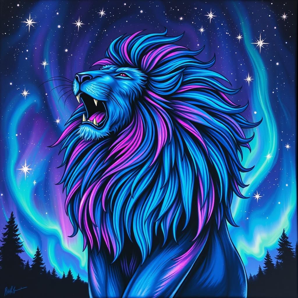 Lion Roaring Under Northern Lights in Pop Surrealism