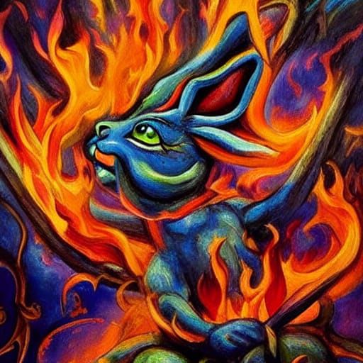 Vibrant Dreamlike Fantasy Art of an Angry Rabbit with Fire S...