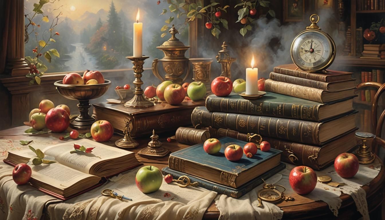 Ethereal Still Life: Apples, Books, and Candlelight