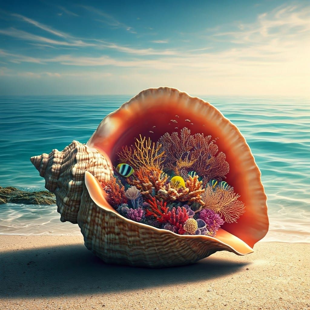 Underwater Coral Reef Inside Seashell: Photorealistic Coasta...