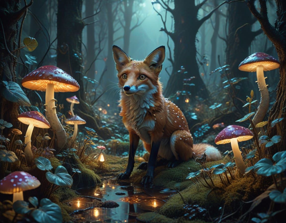 Whimsical Surrealism: Fox in Alien Forest Elegy