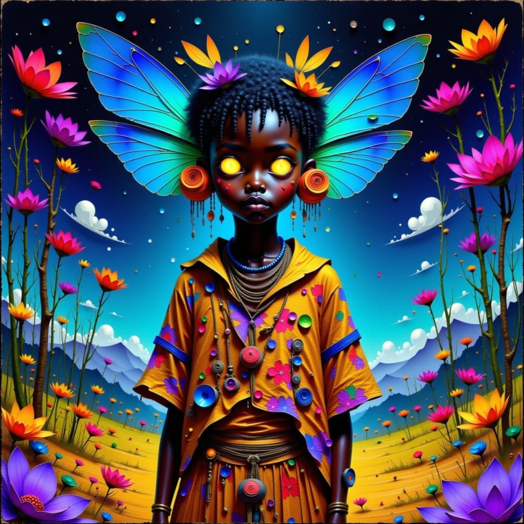 Firefly Humanoid in Ewe Attire, Mystical Landscape