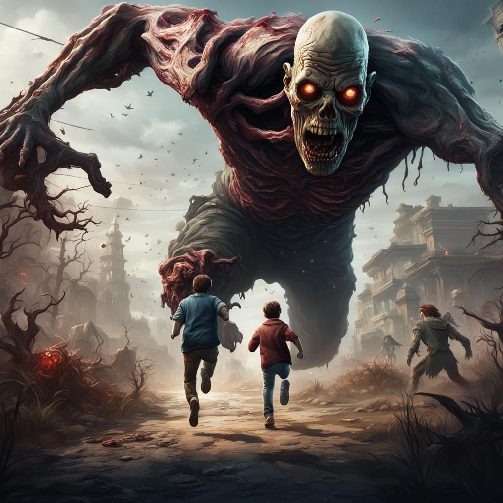 Person Running from Zombie in Detailed Matte Painting