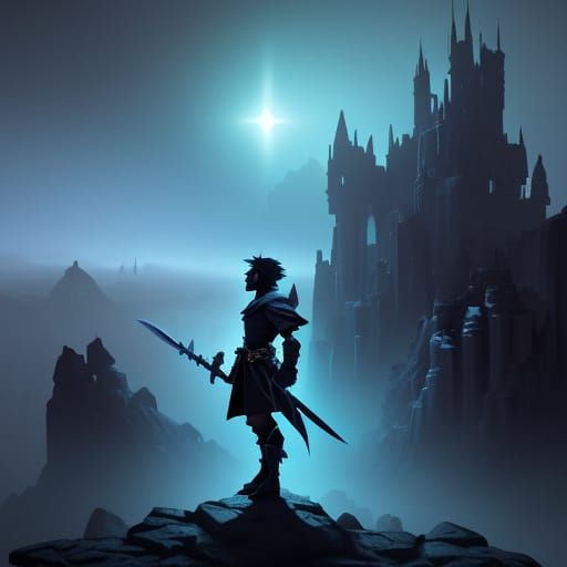 Dark Fantasy Warrior in Ruined Cityscape