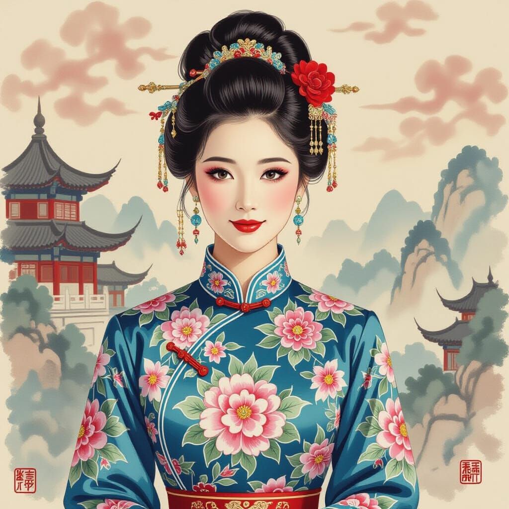 Chinese Lady in Qing Dynasty Dress, Traditional Painting Sty...