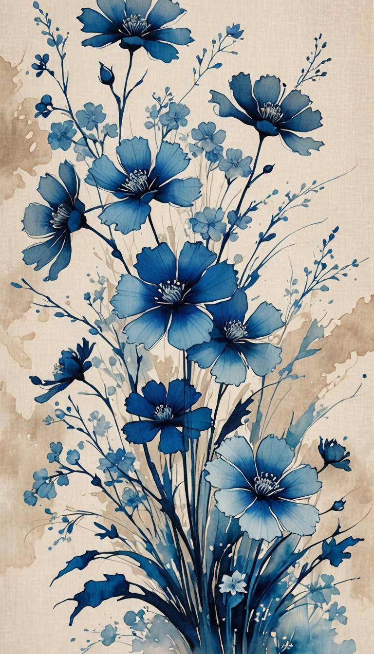 Ethereal Blue Ikebana Arrangement as Alcohol Ink Art