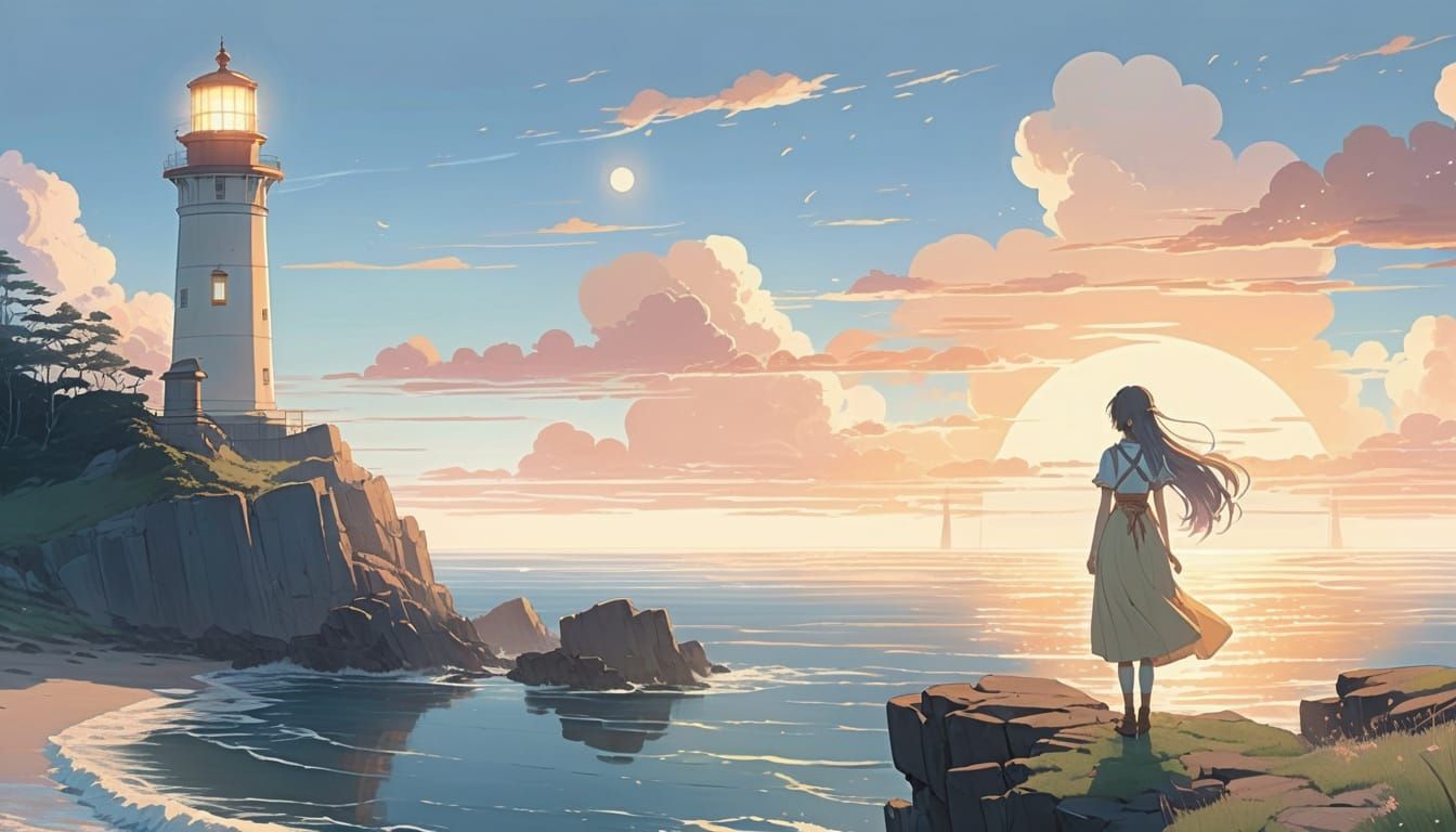 Anime Girl and Lighthouse in Anime Style