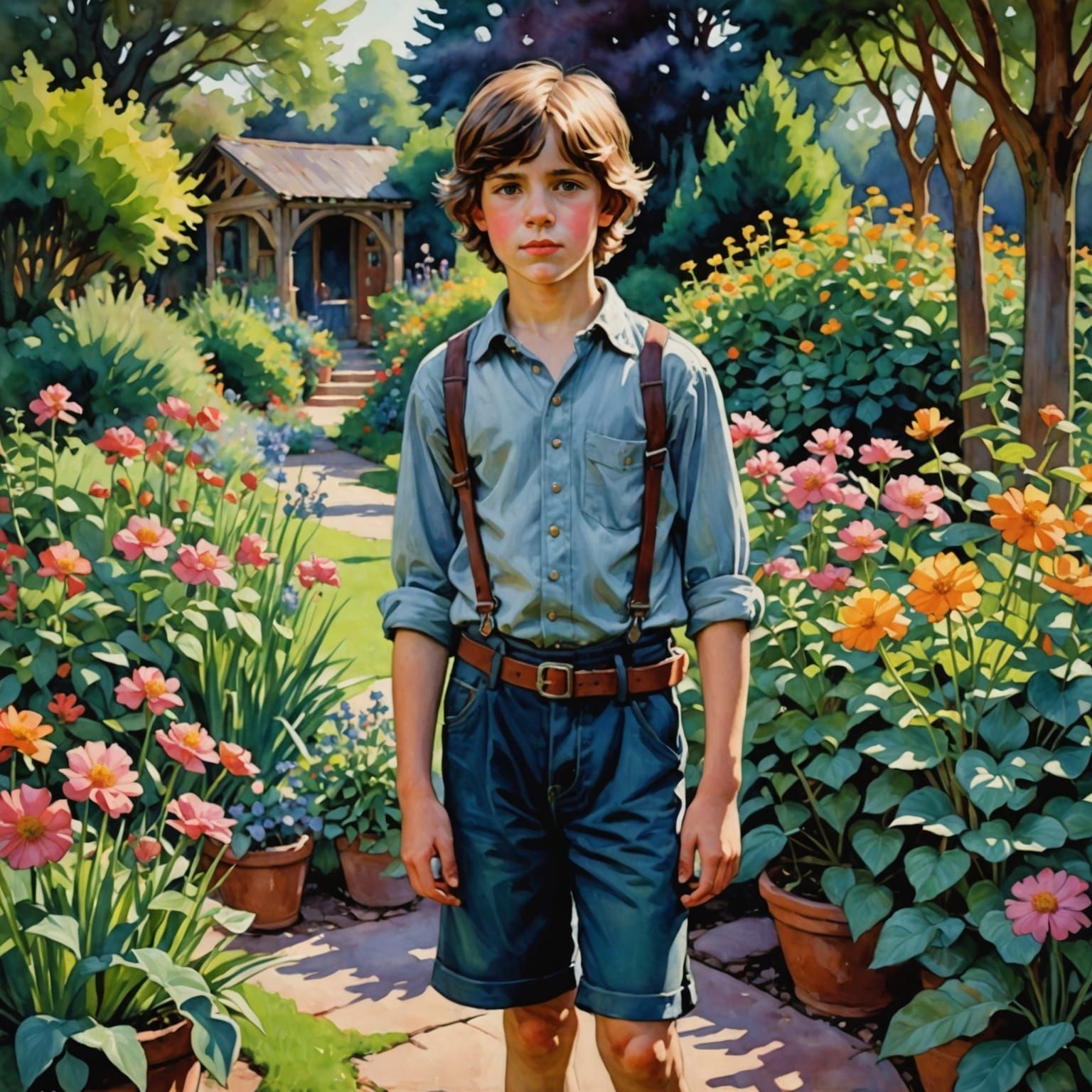 A Boy in a Garden Scene, Painted in Chiaroscuro