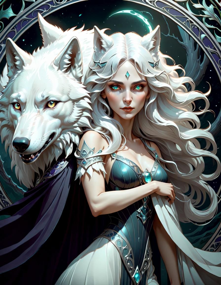 Witch and White Wolf in Art Nouveau Style