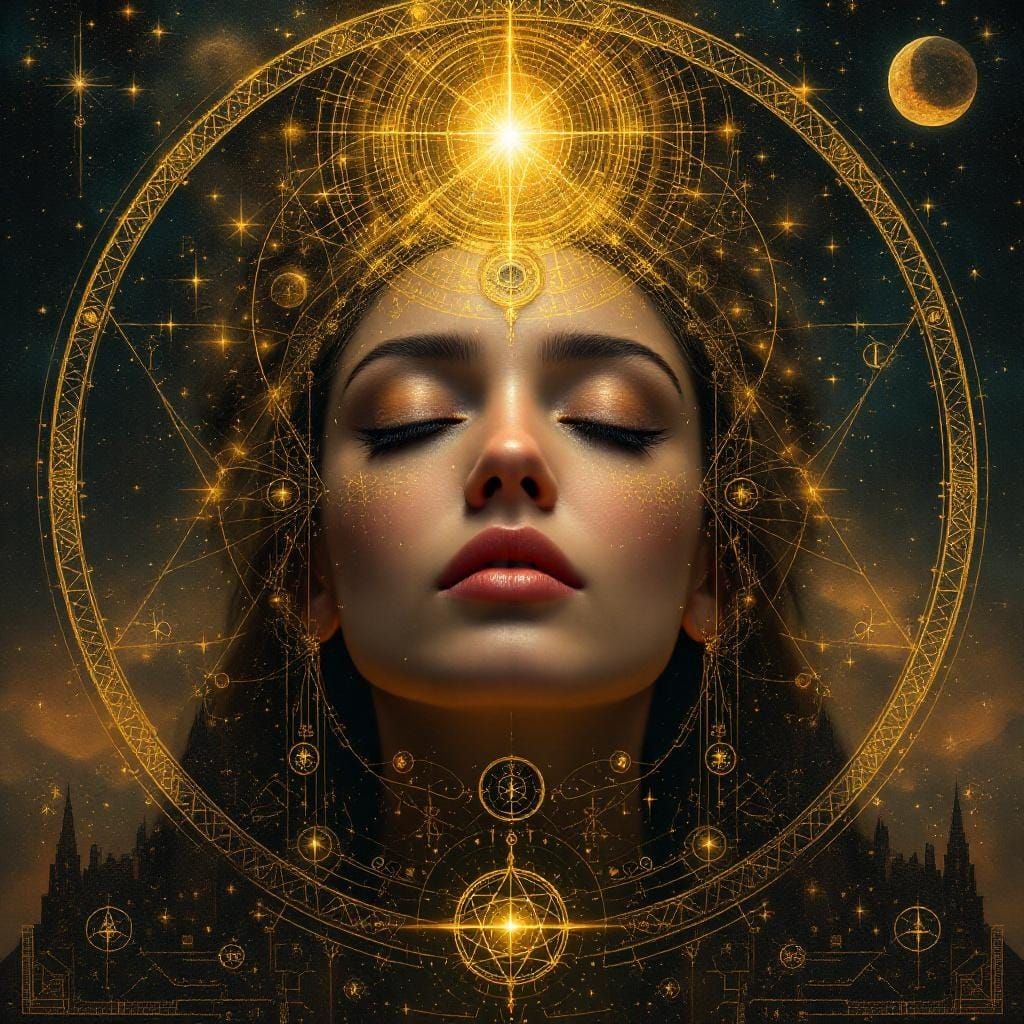 Ethereal Woman's Face in Golden Aura with Cosmic Shapes