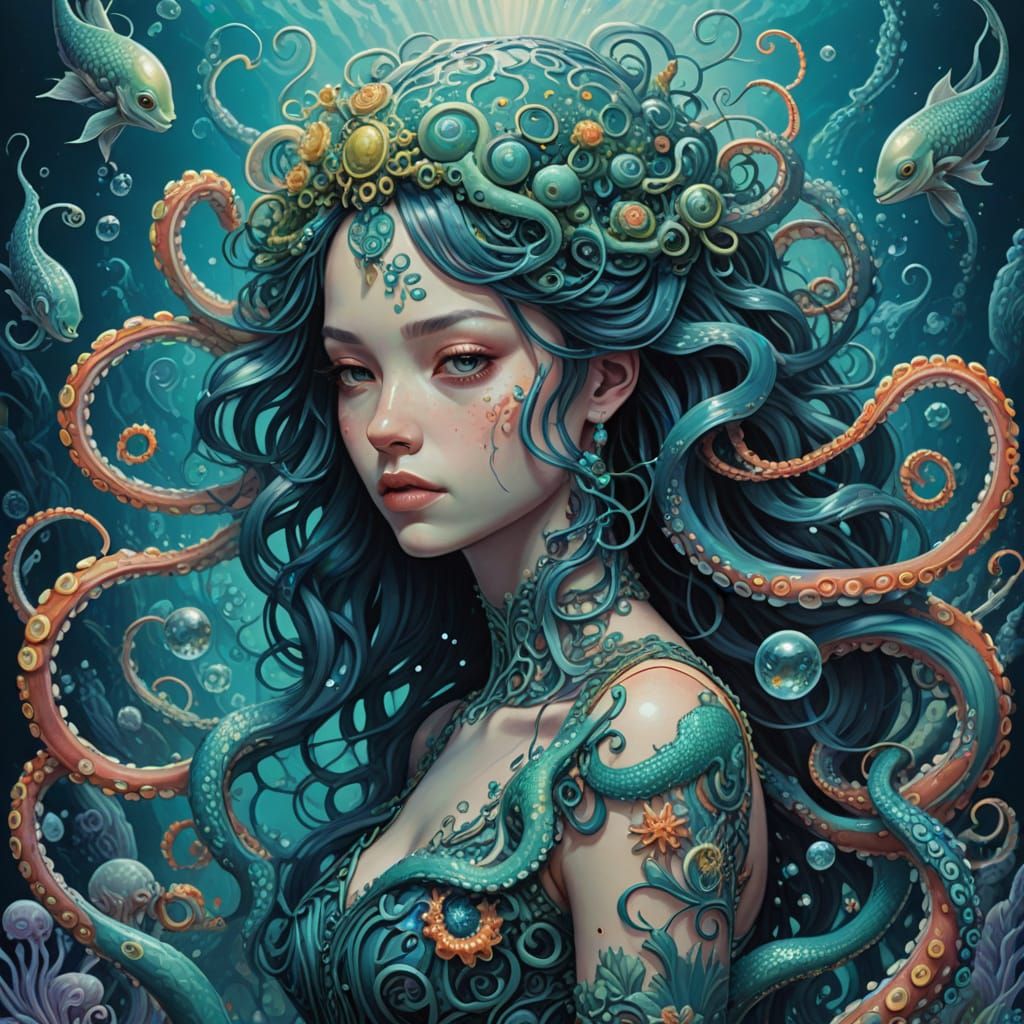 Surreal Octopus and Mermaid in Vibrant Cosmic Landscape