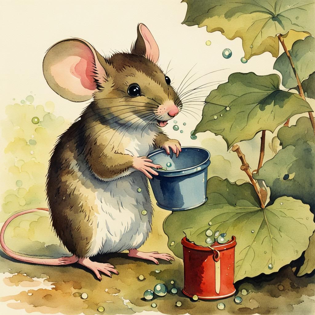 Cute Mouse Collecting Dew: Vintage Watercolor Illustration
