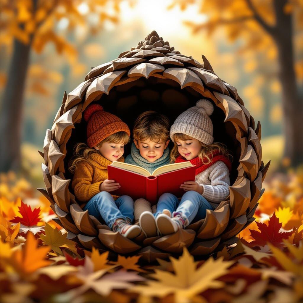 Children Reading Inside a Pinecone, Fall Colors