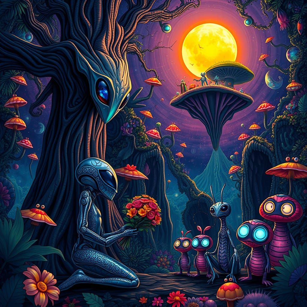 Hyperrealistic Alien Creature Prays Before Ancient Tree