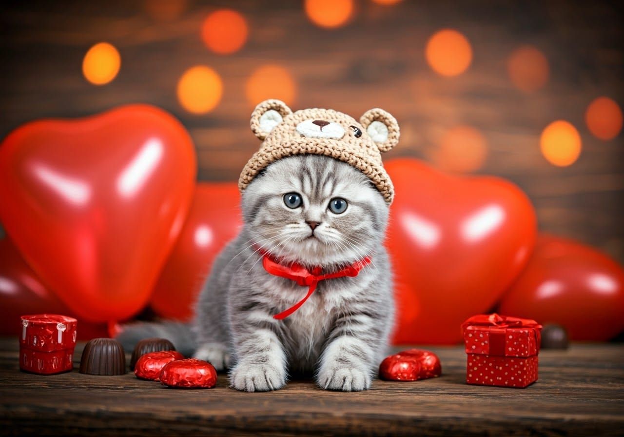 Whimsical Gray Kitten in a Cozy Bear Hat Scene