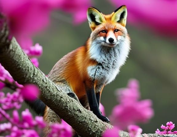 Red Fox Among Vivid Pink Cherry Blossoms
