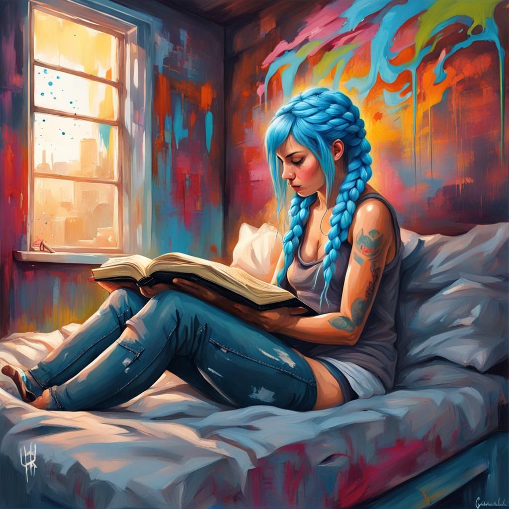 Girl Reading: Graffiti Art with Blue Hair