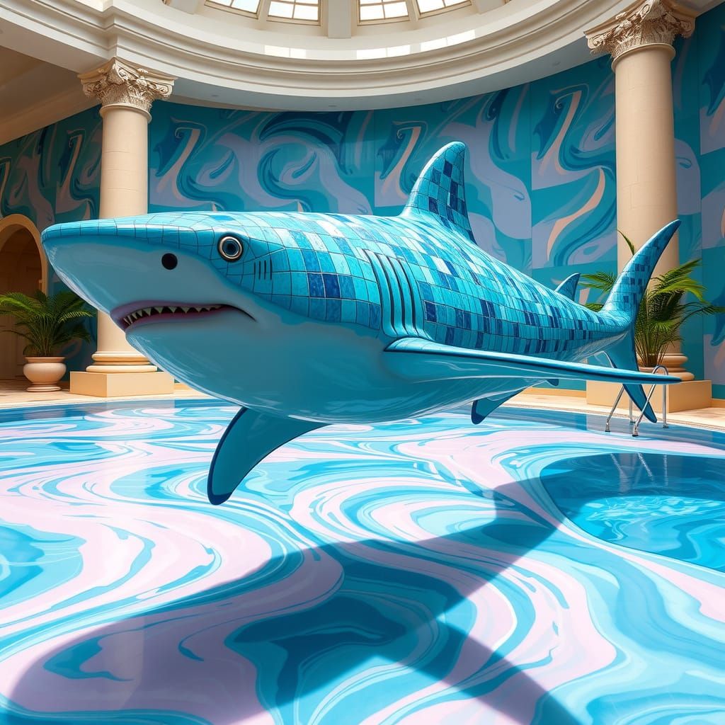 Ceramic Shark Glides Through Luxurious Pool