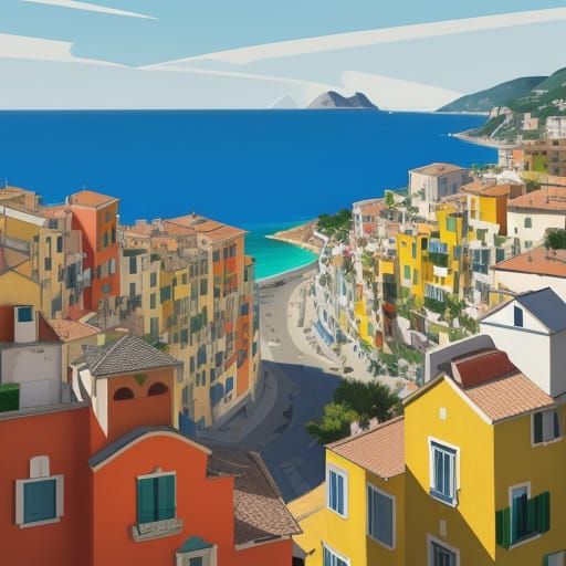 Vibrant Cubist Landscape of the Ligurian Riviera