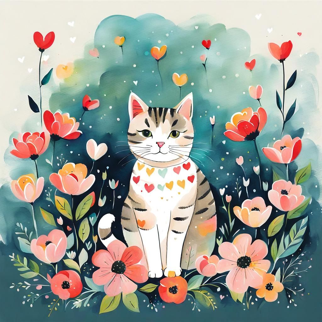 Cute Cat Surrounded by Flowers in Mixed-Media Style