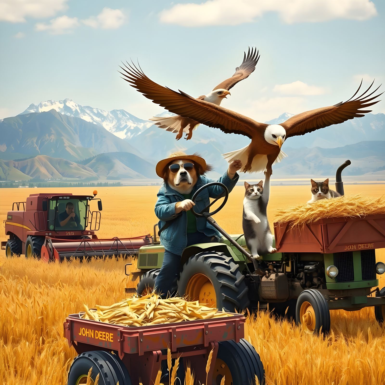 Surreal Collie Farmer Harvests Wheat with Mountains in Backg...