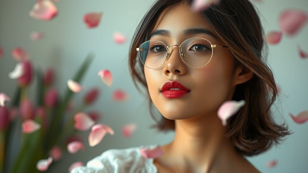 Romantic Portrait of Indonesian Woman with Falling Petals