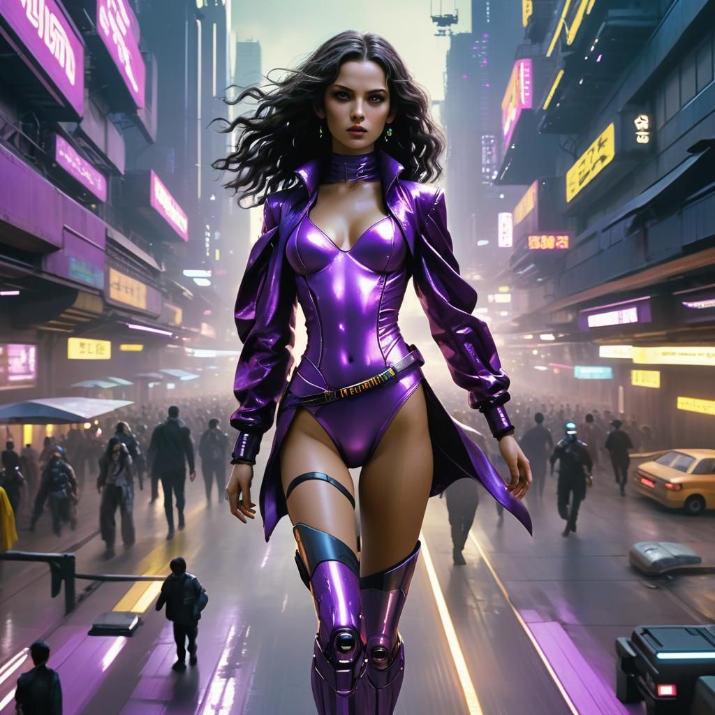 Woman in Violet Outfit Flying in Cyberpunk Neon
