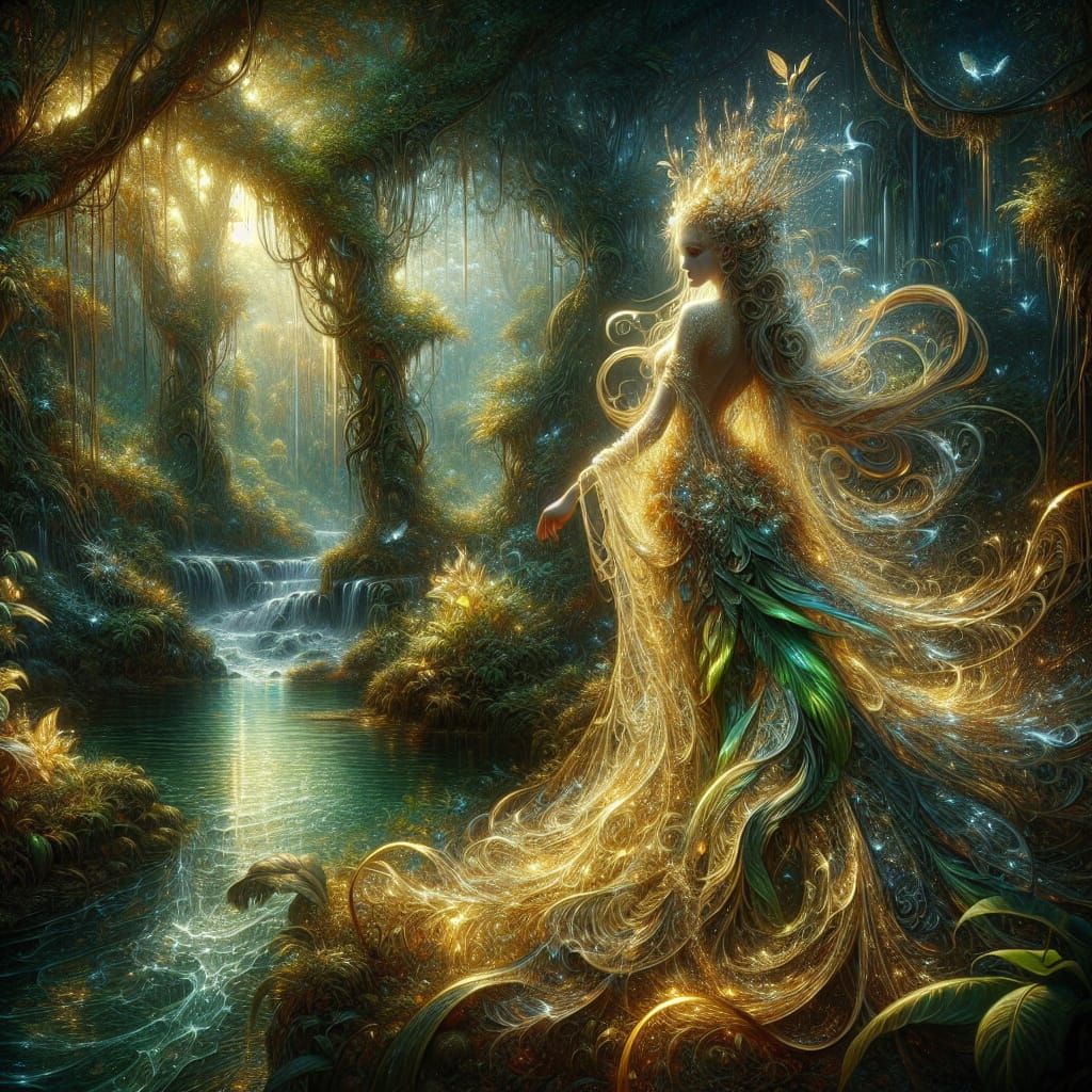 Goddess in Golden Dress Amidst Lush Jungle