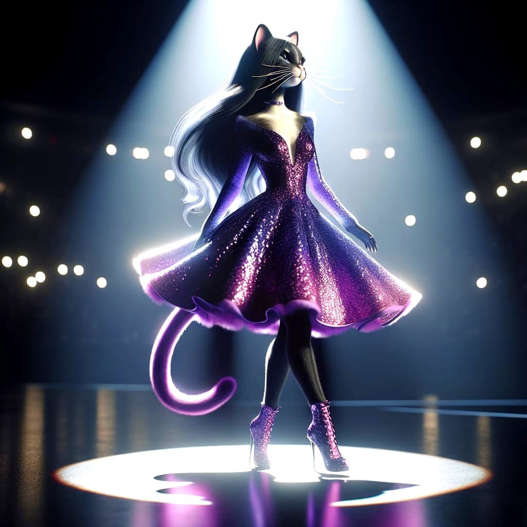Elegant Glamorous Cat in Purple Glitter Dress