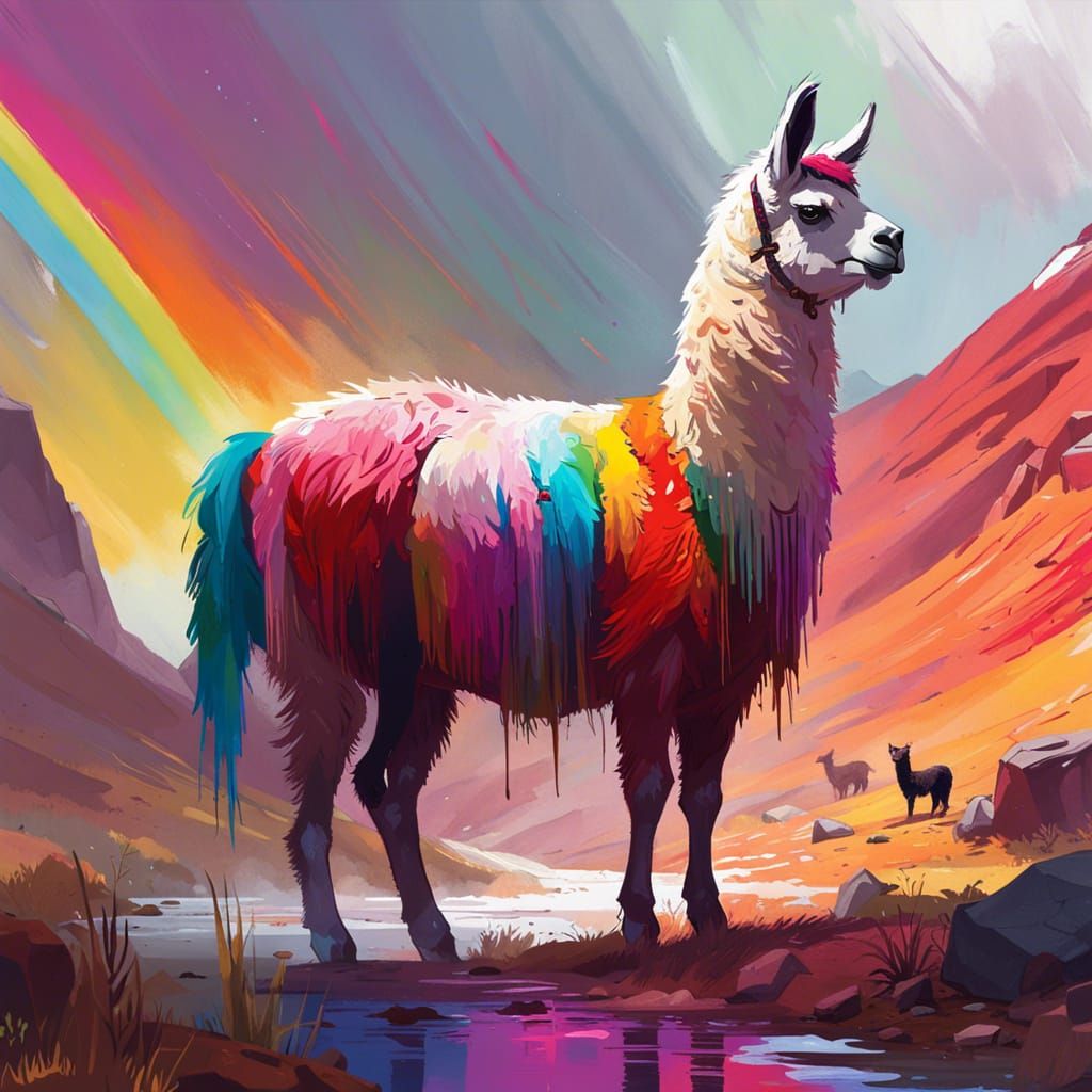 Rainbow Llama in Peru: Gouache Fantasy Art