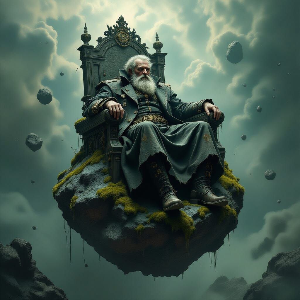 Steampunk King on Meteorite Throne in Cosmic Void