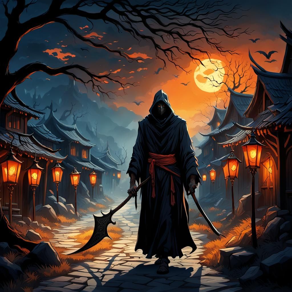 Dark Fantasy Reaper in a Mystical Village