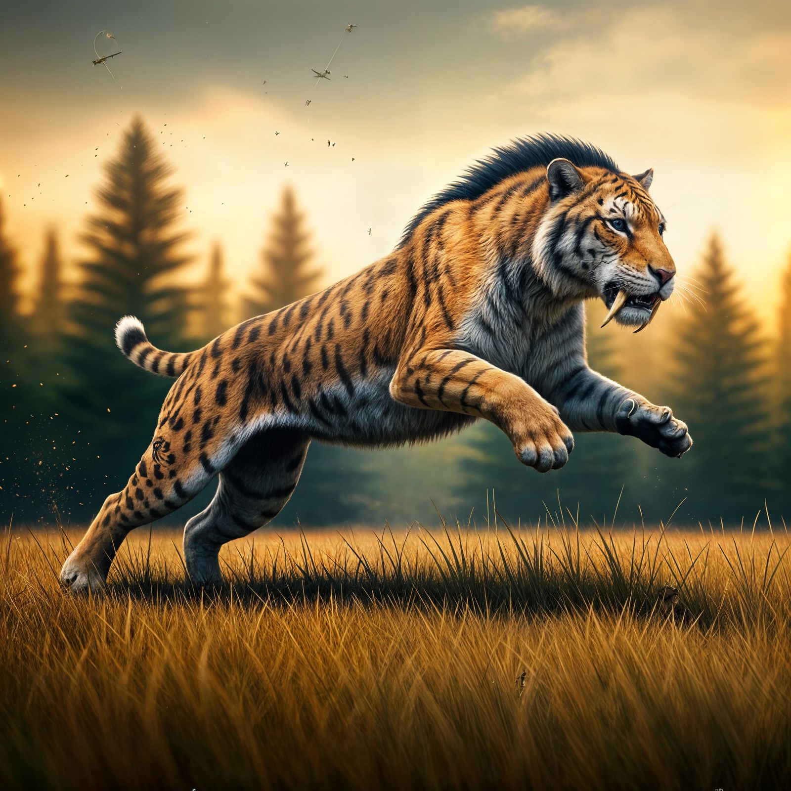 Ancient Smilodon Leaping into Primordial Battle