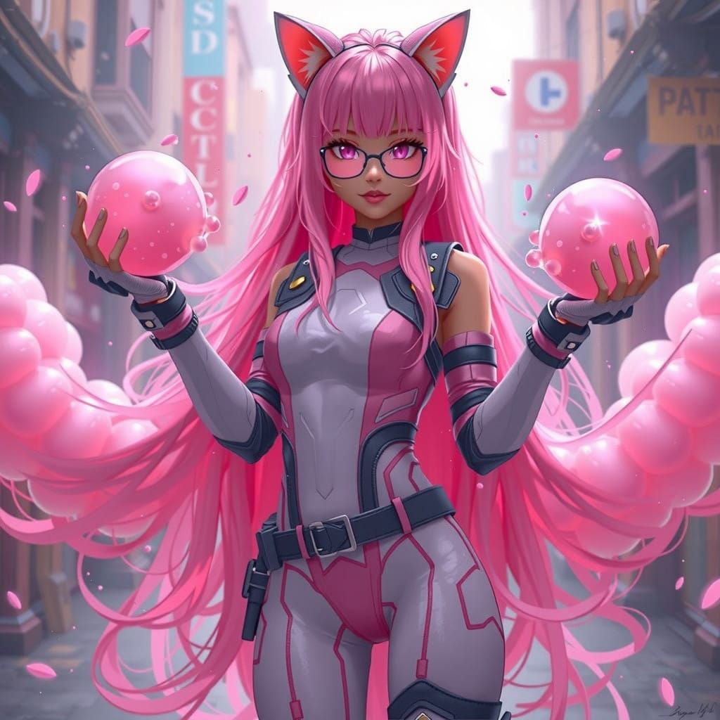 Bold Cyberpunk Goddess Unleashes Magical Bubblegum Power
