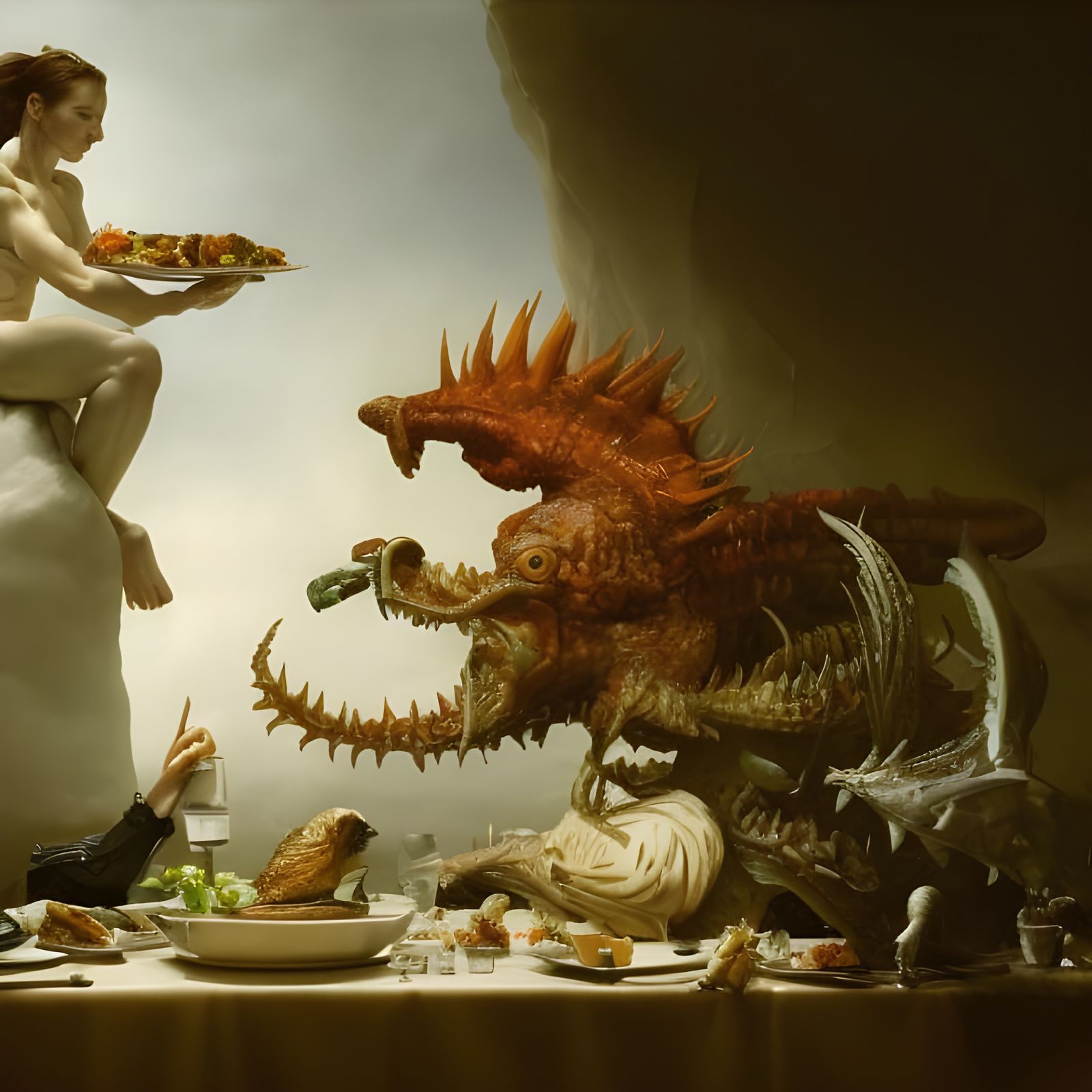 Eldritch Waiter Presents Dinner in Hyperreal Painting