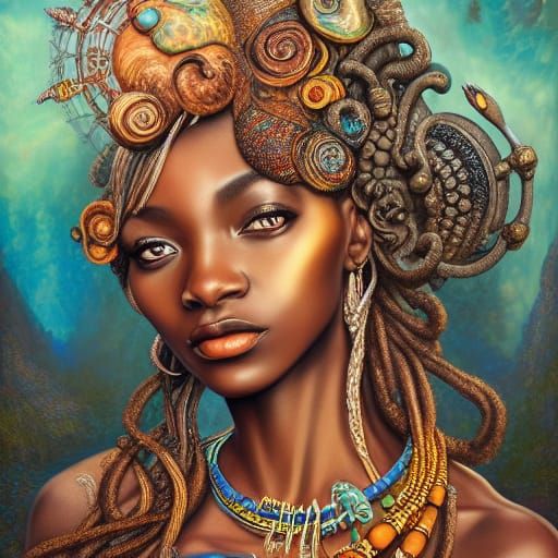 African Goddess with Ammonite Jewelry Portrait