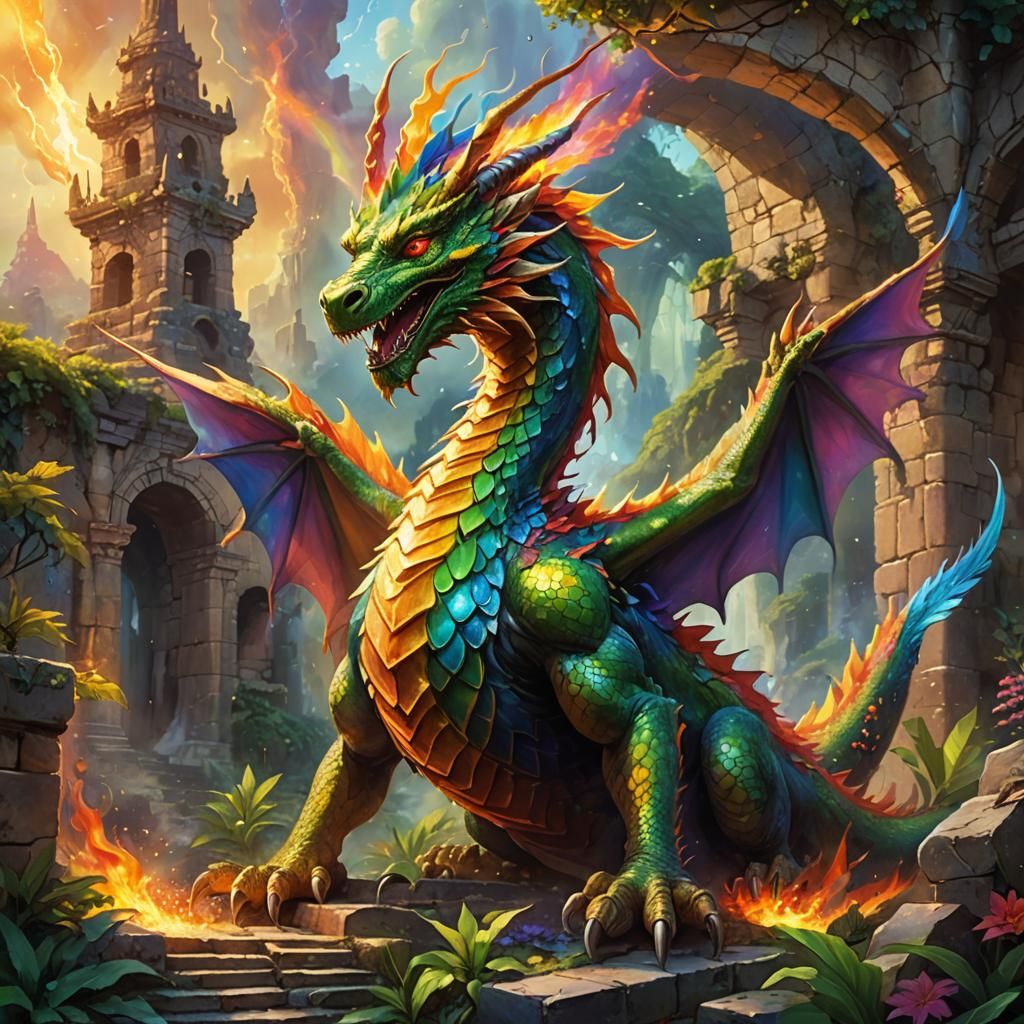 Rainbow Dragon Fire in Mystical Ancient Ruins