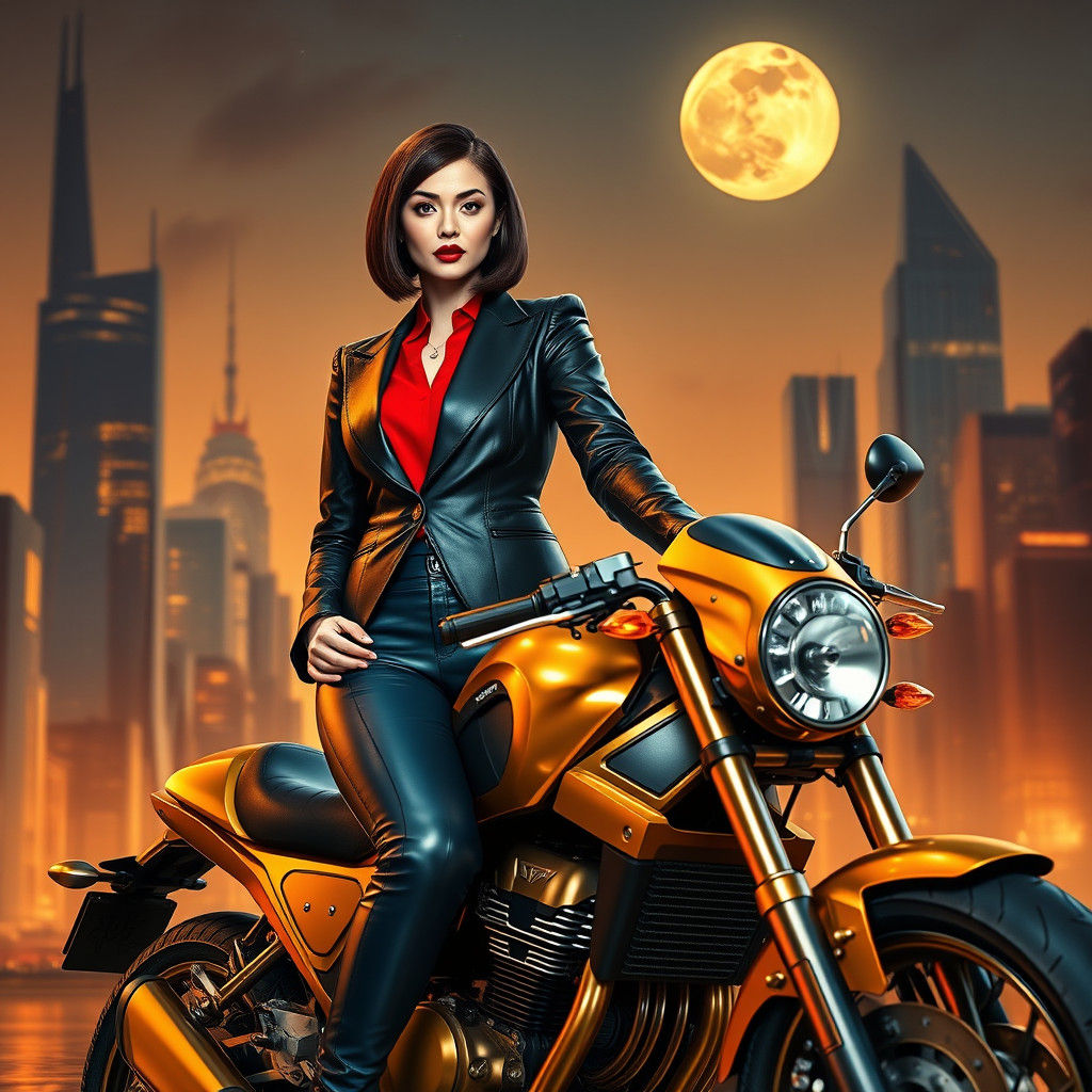 Futuristic Woman on Motorcycle in Amber Cityscape