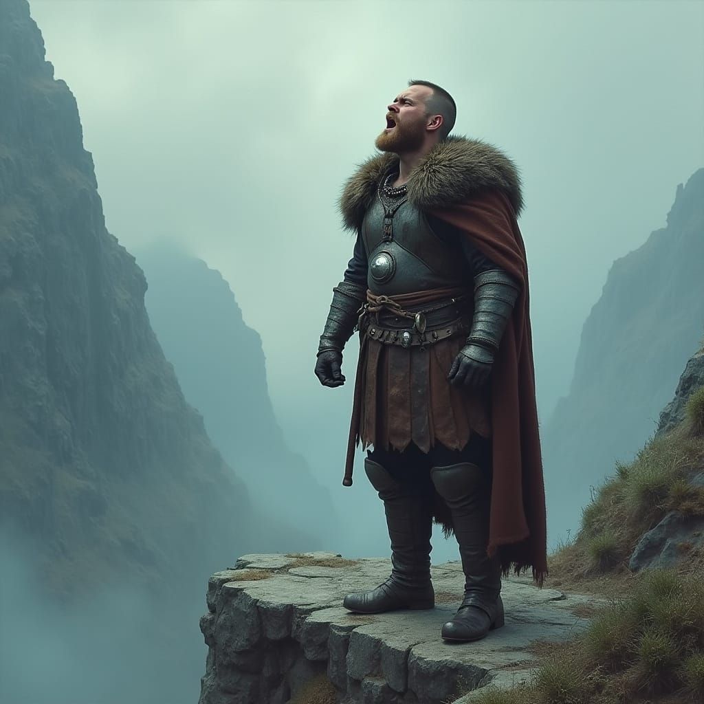Viking Warrior Sings Hymn on Misty Cliff
