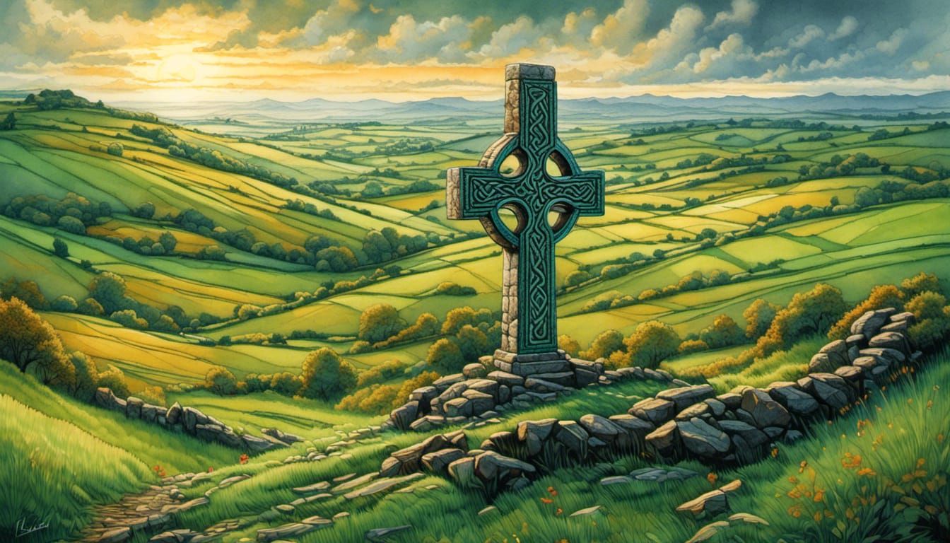 Celtic Cross Overlooking Irish Fields