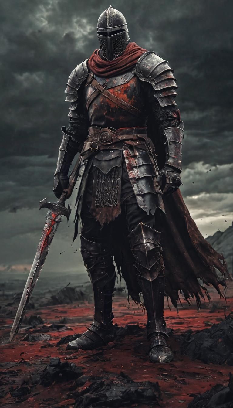 Knight Gael on Desolate Battlefield in Hyperrealism