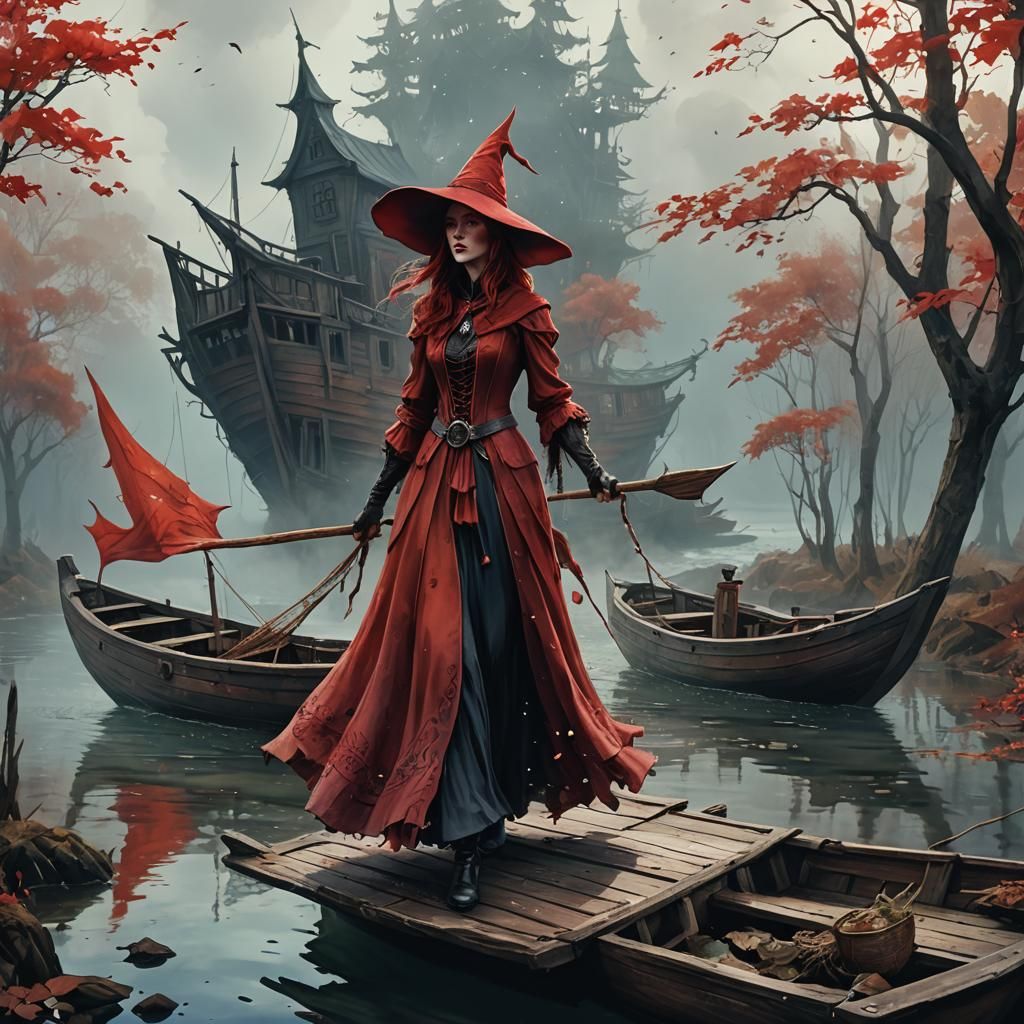 Red Witch on Wooden Boat in Watercolor Style