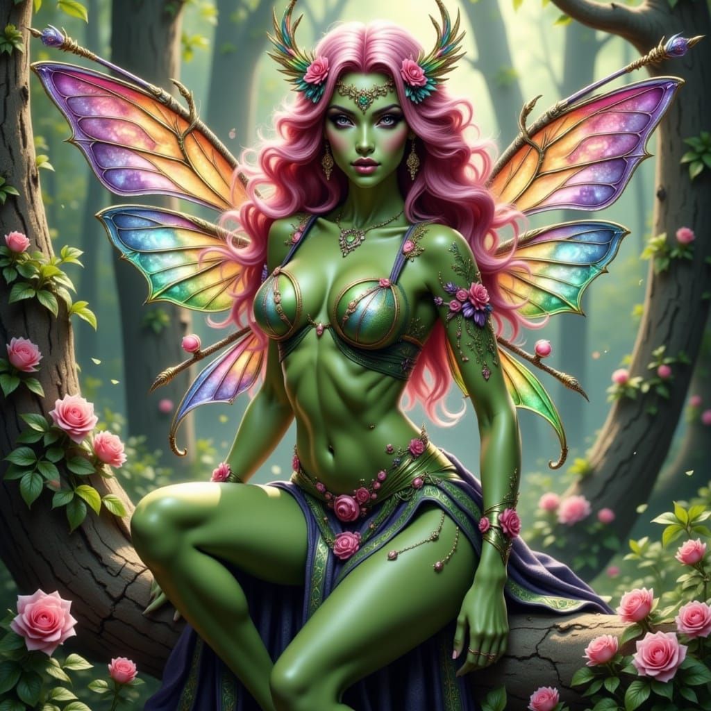 Fae Queen on Forest Throne in Fantasy Style