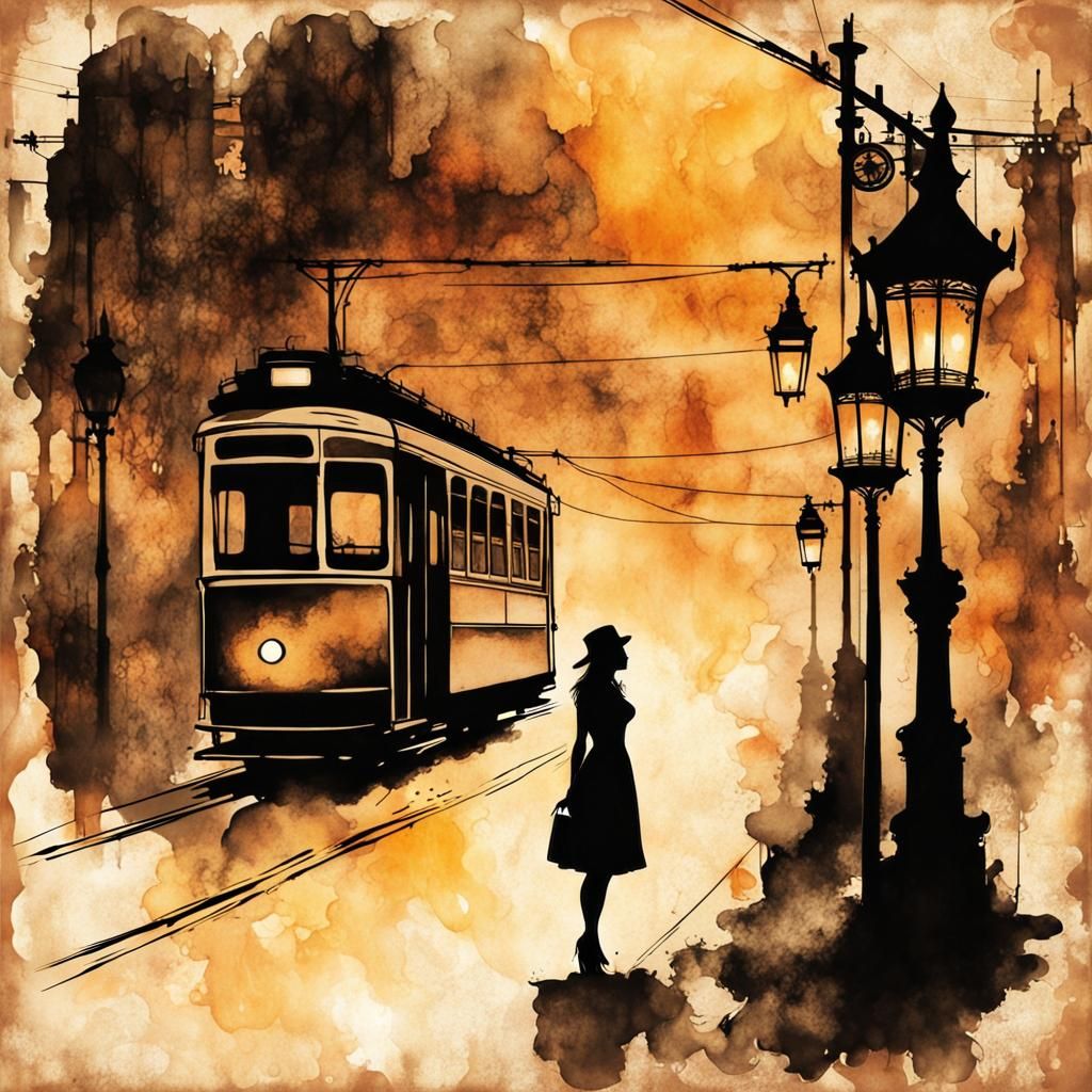Steampunk Siren Beside Elegant Tram in Vintage European City